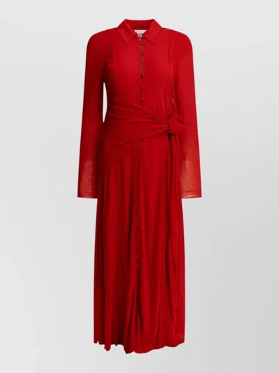 Ganni Long Dress Waist Tie Button Detail In Red
