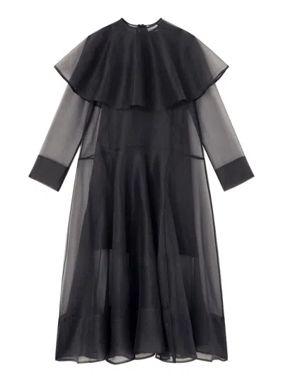 Ganni Organza Long Dress With Removable Hoop Collar In Black