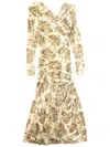 Ganni Printed Velour Jersey Ruched Long Dress In Neutral