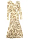 Ganni Printed Velour Jersey Ruched Long Dress In White