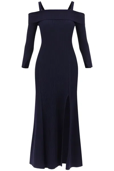 Ganni Knit Off-the-shoulder Maxi Dress In Blue