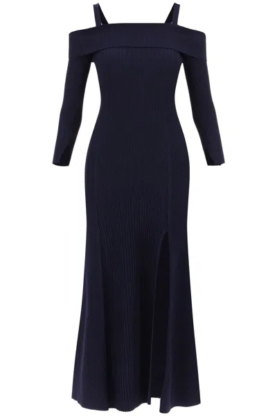 Ganni Long Knitted Off-the-shoulder Dress In Blu