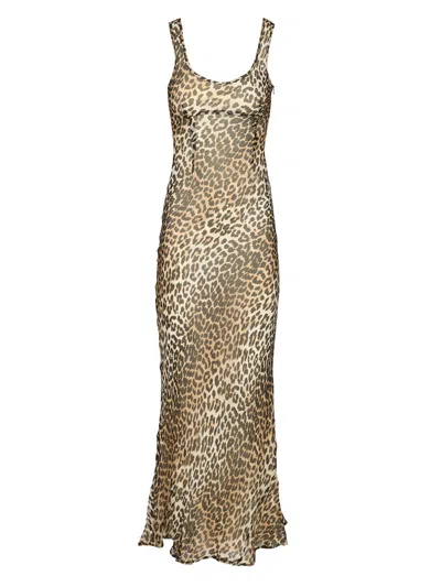 Ganni Animal Print Scoop Neckline Floor-length Dress In Brown