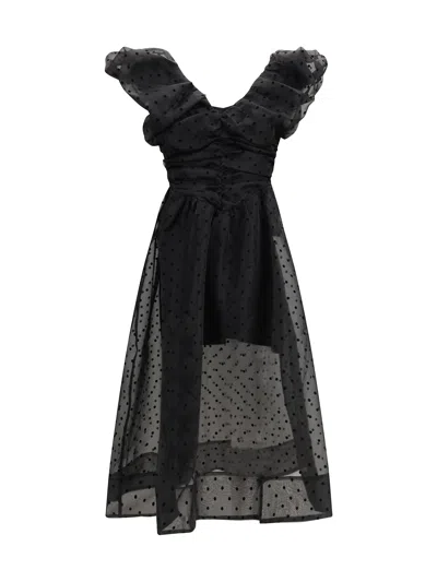Ganni Ruched Flocked Polka-dot Recycled Organza Midi Dress In Black