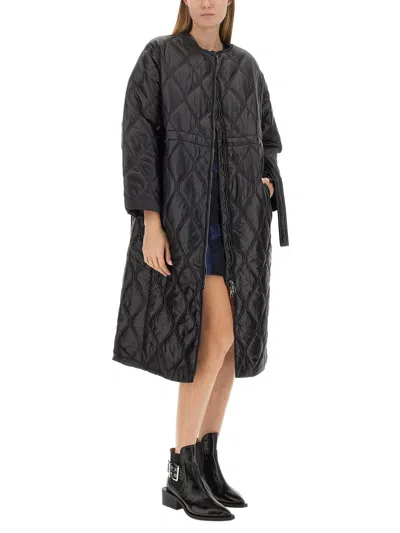 Ganni Long Quilted Coat In Black
