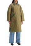 Ganni Midi Green Quilted Coat In Green