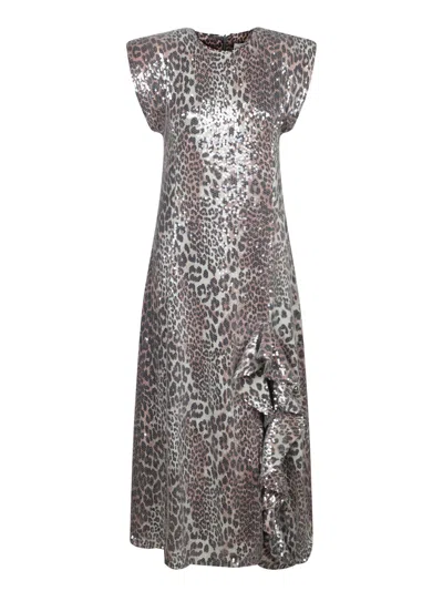 Ganni Long Sequins Grey Leopard Dress In Multi