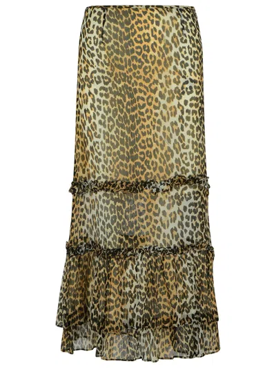 Ganni Long Skirt In Viscose Chiffon With Leopard Print In Multi
