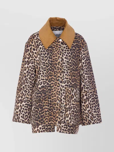 Ganni Long Sleeve Animal Print Jacket With Wide Collar In Multicolour