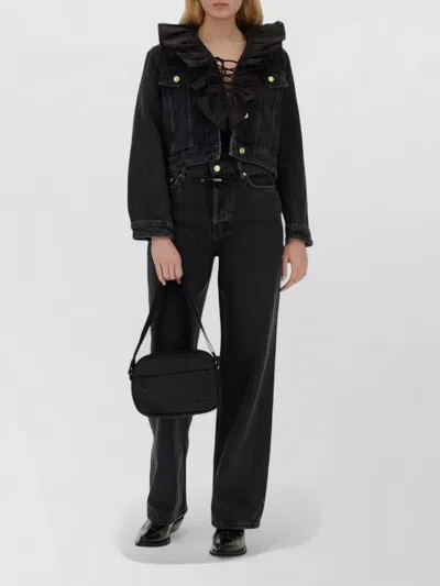 Ganni Long Sleeve Blouse Ruffled Neckline Design In Black