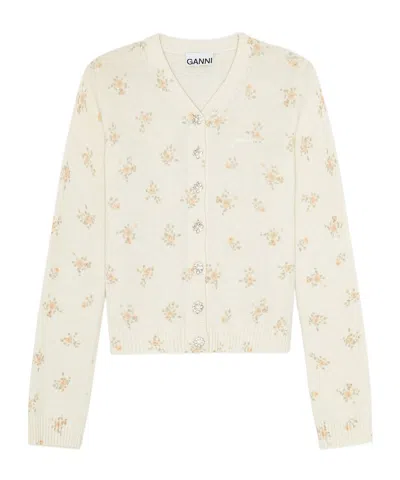 Ganni Long Sleeve Cardigan In White