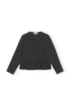 Ganni Long Sleeve Cotton Poplin Tie String Peplum Blouse In Black
