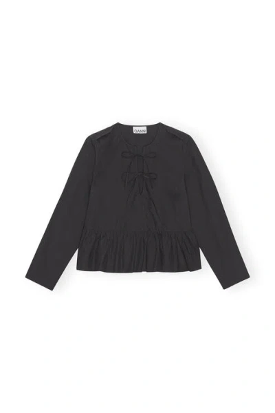 Ganni Long Sleeve Cotton Poplin Tie String Peplum Blouse In Black