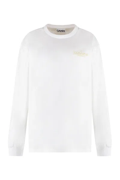 Ganni Long Sleeve Cotton T-shirt In White