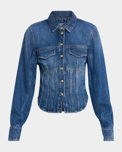 Ganni Long-sleeve Denim Corset Shirt In Blue