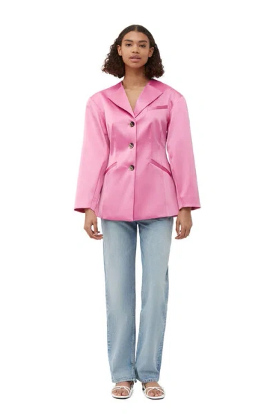 Ganni Long Sleeve Double Satin Fitted Blazer In Wild Orchid