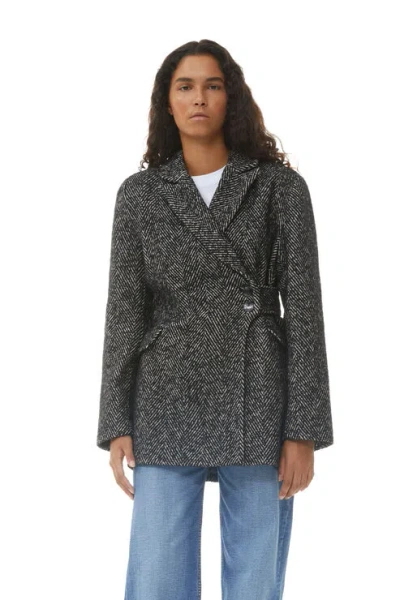 Ganni Long Sleeve Herringbone Wool Belt Blazer In Black
