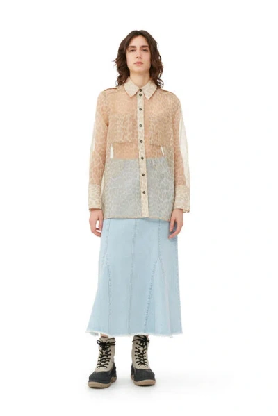 Ganni Long Sleeve Printed Organza Shirt In Oyster Gray