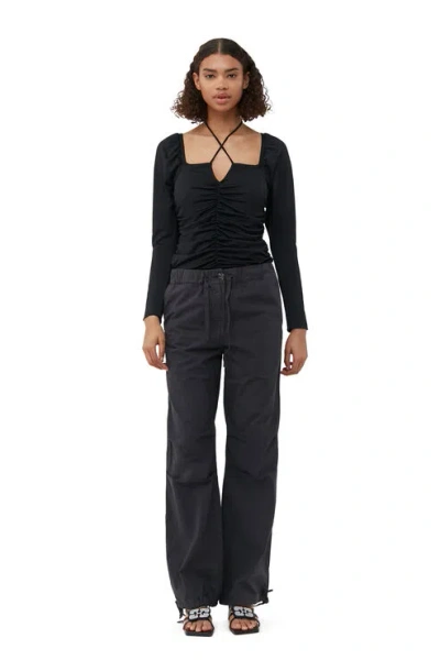 Ganni Black Blouse With Criss-cross Straps And Long Sleeves In Recycled Fabric Woman