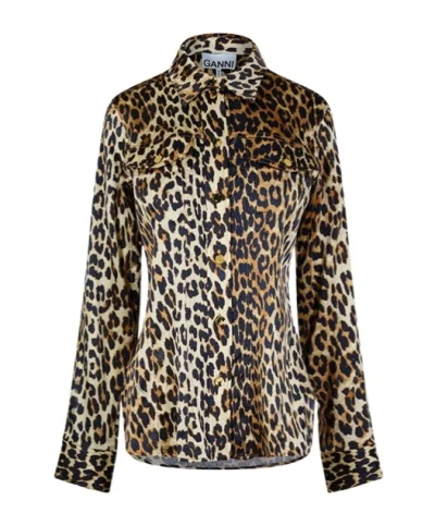 Ganni Long Sleeve Shirt In Leopard