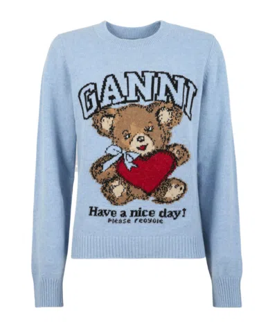 Ganni Wool Crew Neck Sweater Graphic Print In Blue