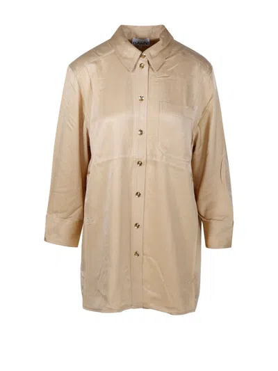 Ganni Long Sleeved Buttoned Satin Shirt In Beige