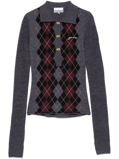 Ganni Women Grey Sweater With Classic Collar And Check Motif On The Front In Wool Woman In Gray
