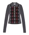 Ganni Grey Sweater With Classic Collar And Check Motif On The Front In Wool Woman In Gray