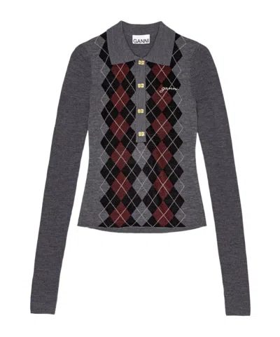 Ganni Women Grey Sweater With Classic Collar And Check Motif On The Front In Wool Woman In Gray