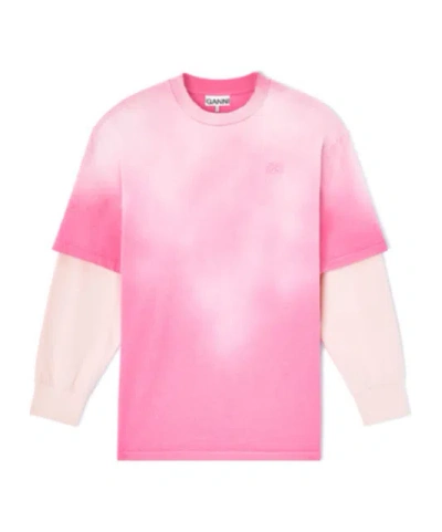 Ganni Layered Logo-detail T-shirt In Pink