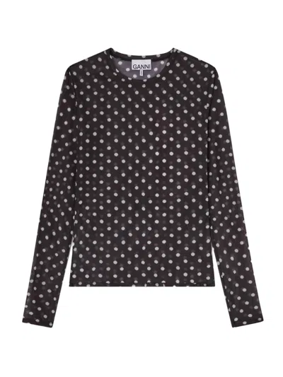 Ganni Sheer Polka Dot Long Sleeve Crew Sweater In Multi