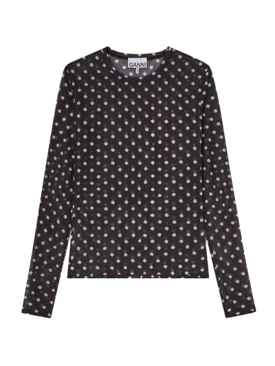 Ganni Sheer Polka Dot Long Sleeve Crew Sweater In Multi