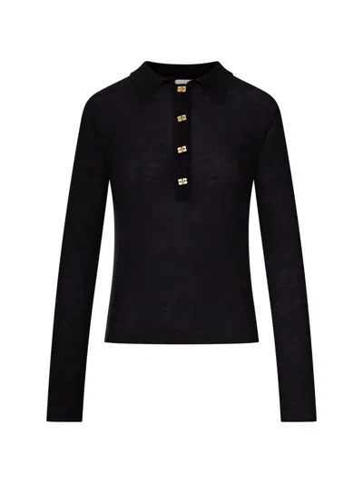 Ganni Wool Polo Shirt Long Sleeves Ribbed Collar In Black