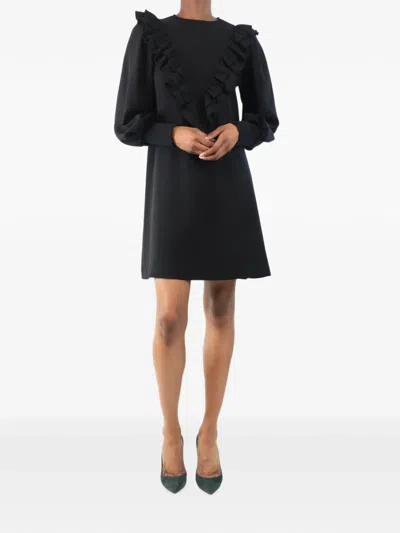 Pre-owned Ganni Long-sleeve Ruffled Mini Dress In Black