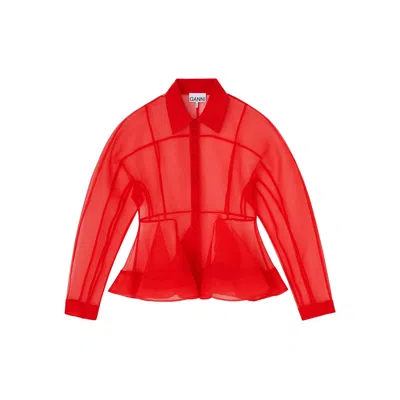 Ganni Textured Organza Peplum Shirt In Red