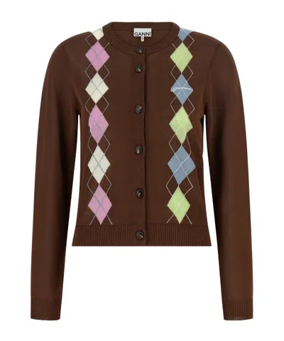Ganni Long-sleeved Cardigan In Brown