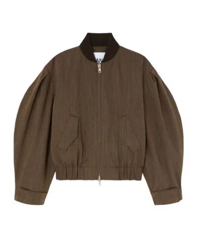 Ganni Long-sleeved Casual Jacket In Brown
