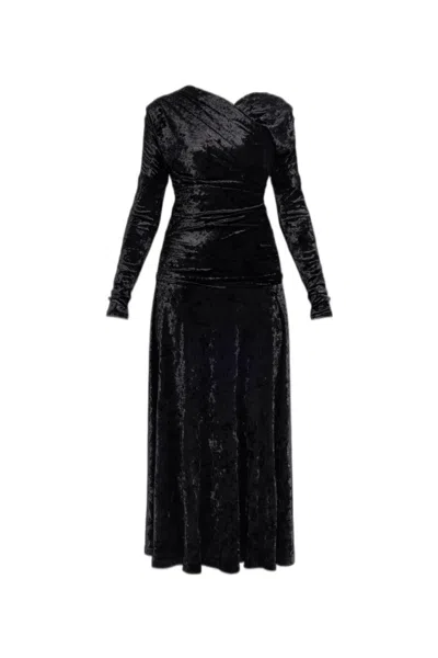 Ganni Ruched Asymmetric Velour Midi Dress In Black