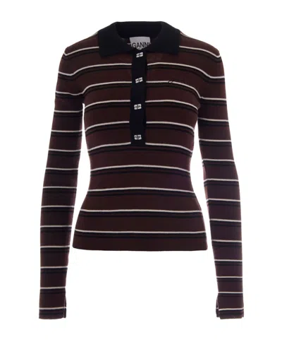 Ganni Long-sleeved Striped Knitted Polo Shirt In Black
