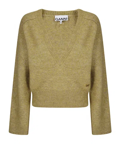 Ganni Melange V-neck Sweater In Green