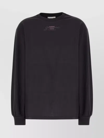 Ganni Loose Fit Cotton T-shirt With Graphic Print In Black