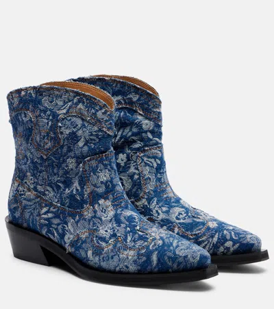 Ganni Low Shaft Embroidered Jacquard Cowboy Boots In Blue