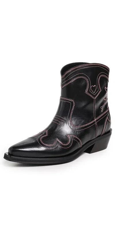 Ganni Low Shaft Embroidered Western Ankle Boots In Black