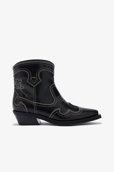 Ganni Low Shaft Embroidered Western Boots - Size 39 Pink In Black