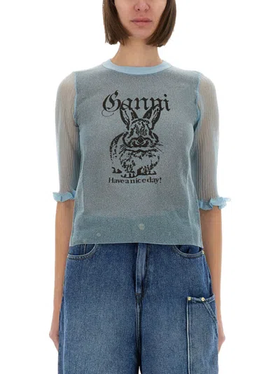 Ganni Lurex Knit Bunny Top In Green