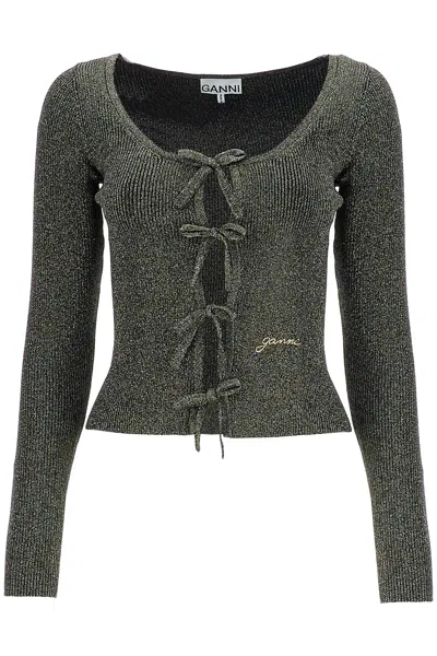 Ganni Tie-detailed Metallic Ribbed-knit Cardigan In Grey