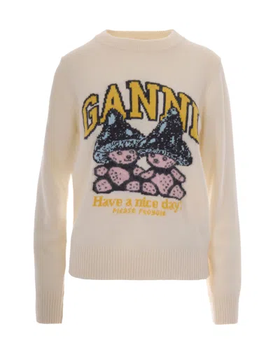Ganni Teddy Mushroom Crew Neck Graphic Sweater In Yellow
