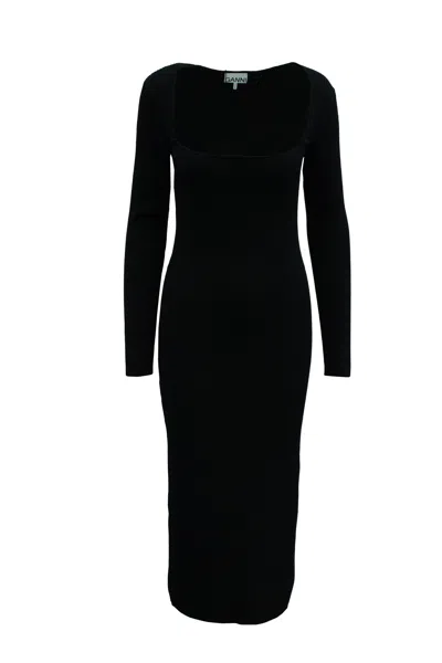 Ganni Maje Square-neck Ribbed-knit Midi Dress In Black Rayon