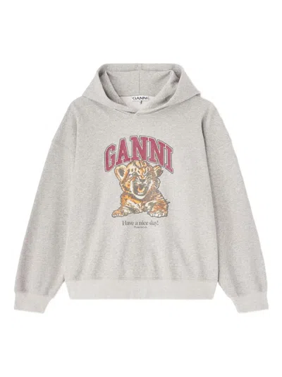 Ganni Logo-embroidered Organic Cotton Sweatshirt In Gray
