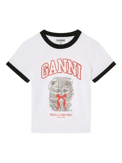 Ganni Women White Crewneck T-shirt With Maxi Print On The Front In Cotton Woman In Multi